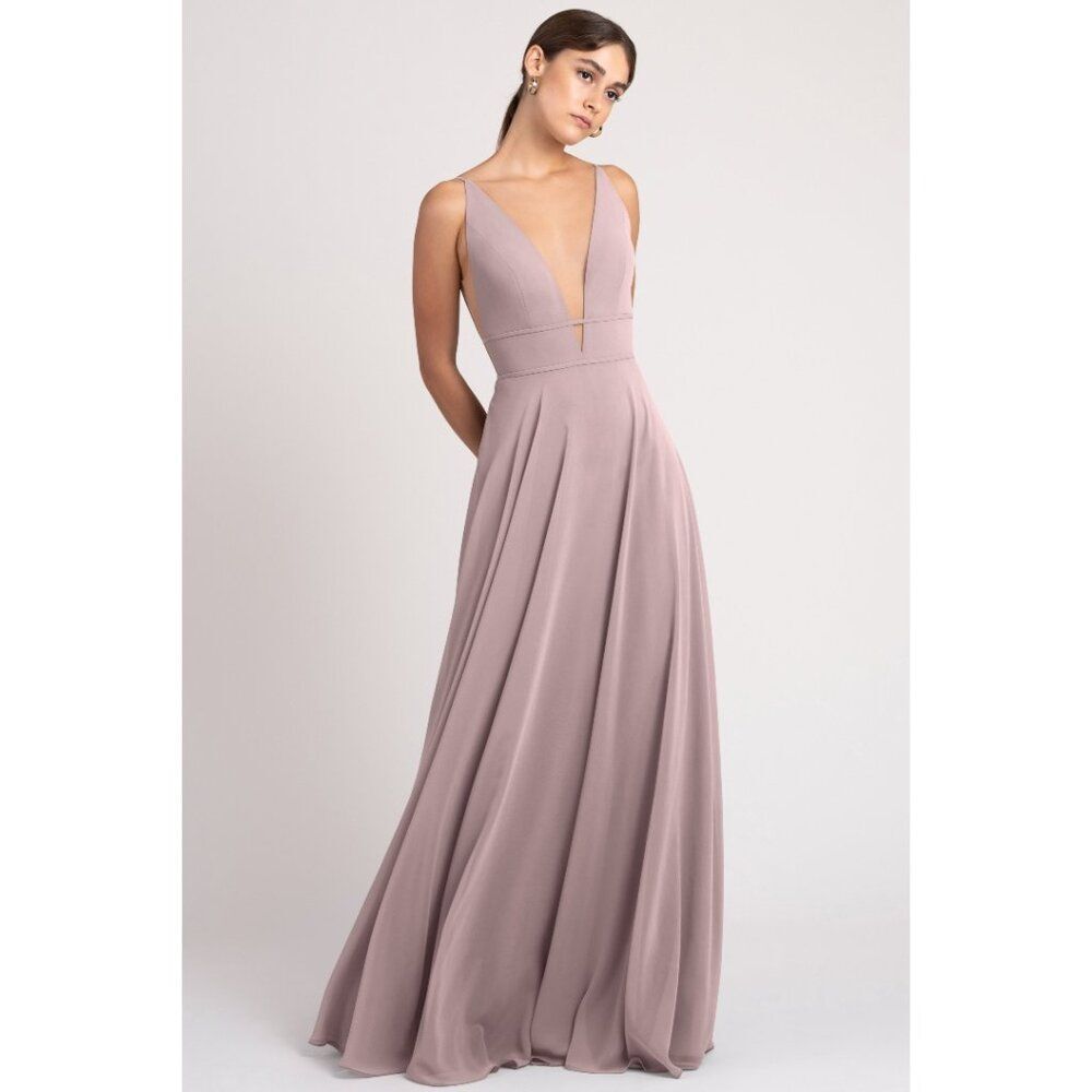 Jenny Yoo Hollis Long Chiffon Bridesmaid Deep V Fitted Waist Fig
